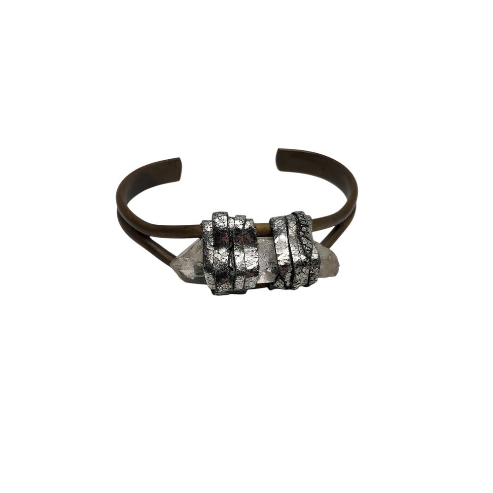 Vintage Raw Quartz Crystal Cuff Bracelet  Silver Wrap Brass Tone